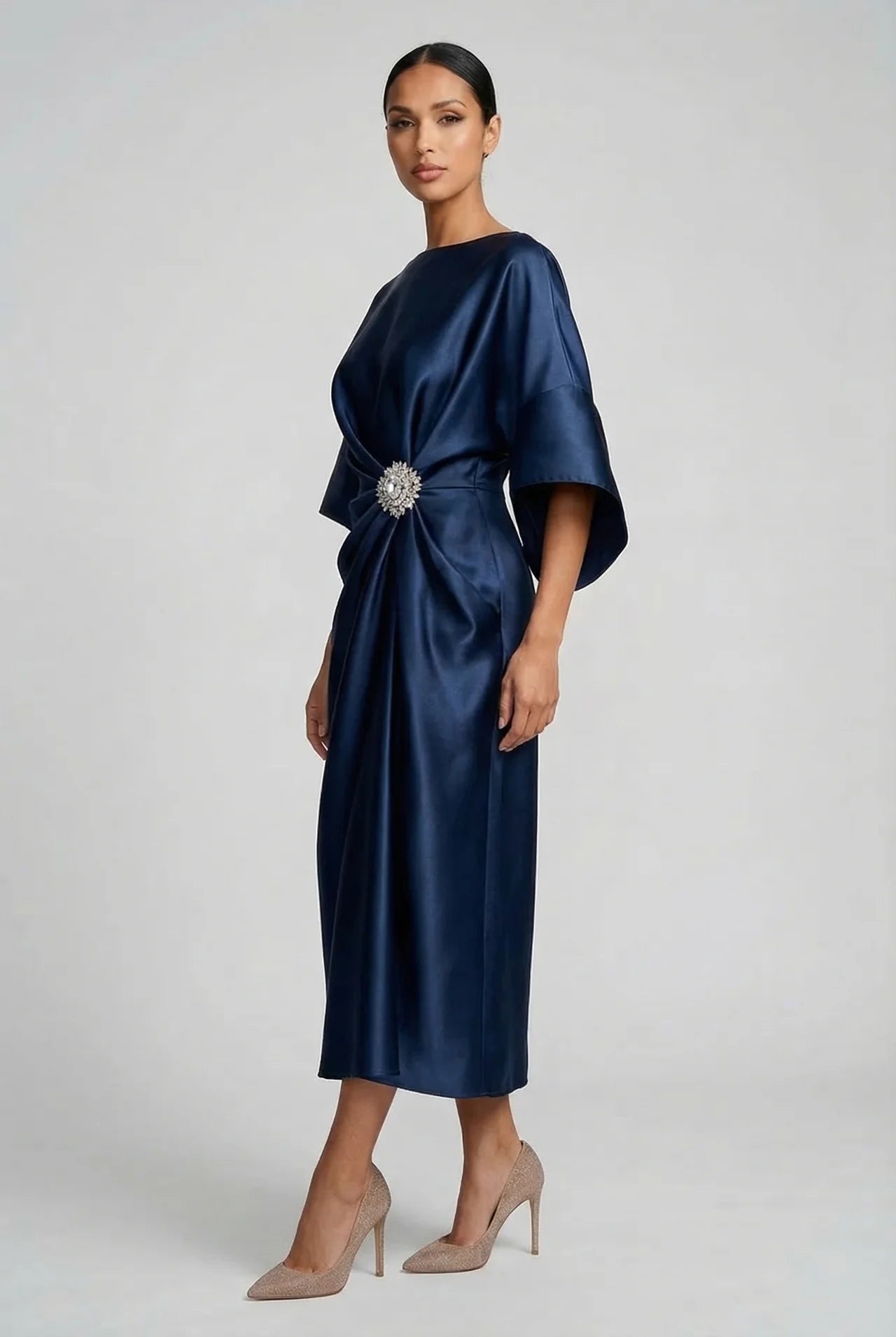 Satin midi dress with batwing sleeves for wedding guests
