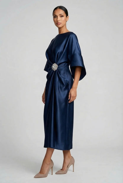 Satin midi dress with batwing sleeves for wedding guests