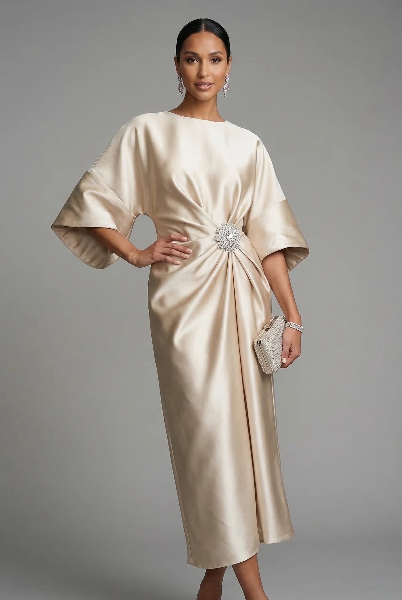 Satin midi dress with batwing sleeves for wedding guests