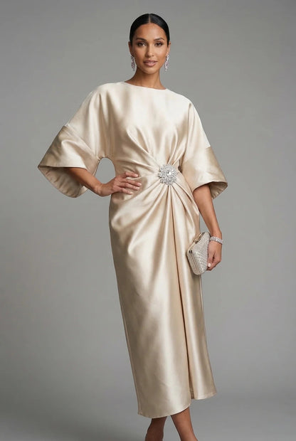 Satin midi dress with batwing sleeves for wedding guests