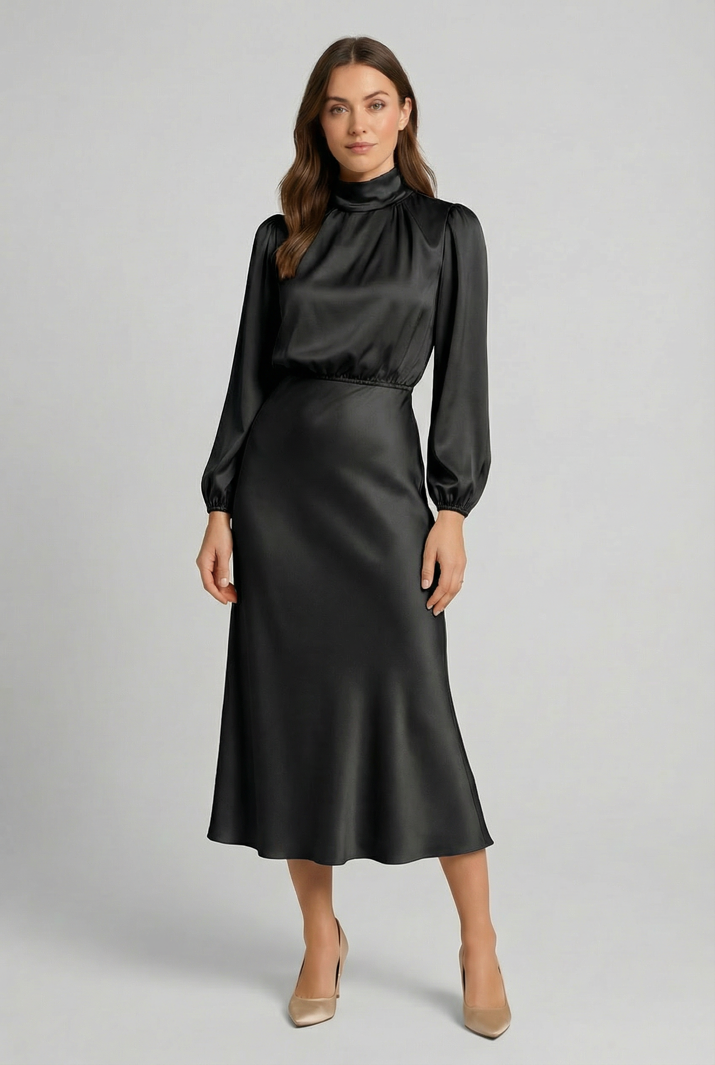Robe midi élégante en satin à taille haute