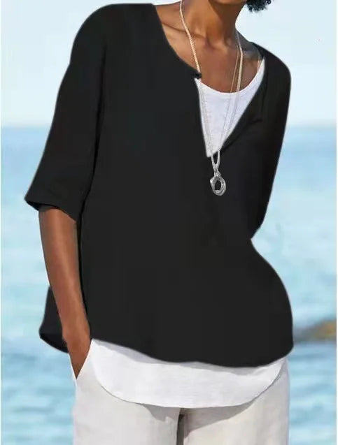 Blouse blanche élégante pour femmes avec col rond en lin - Tamera
