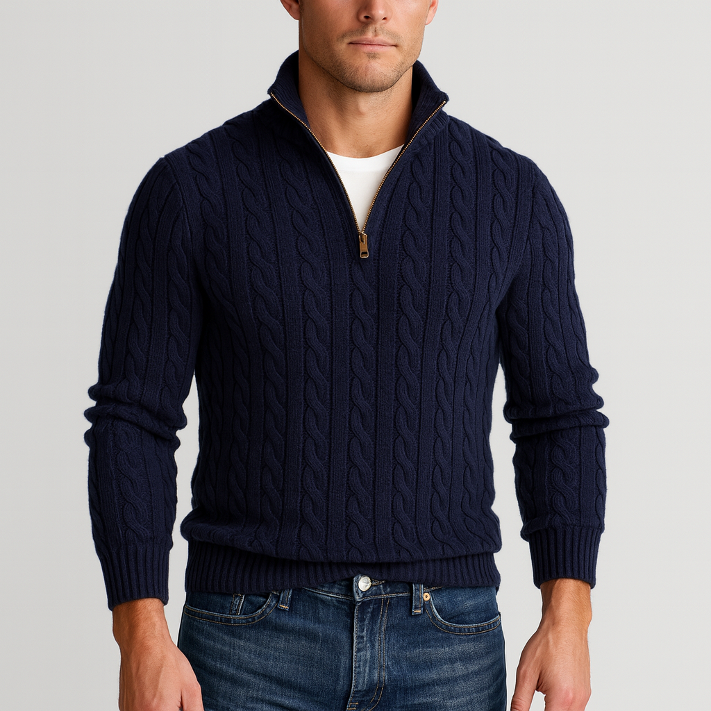 Pull à torsades pour homme élégant avec demi-fermeture éclair et col montant