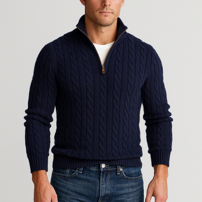 Pull à torsades pour homme élégant avec demi-fermeture éclair et col montant