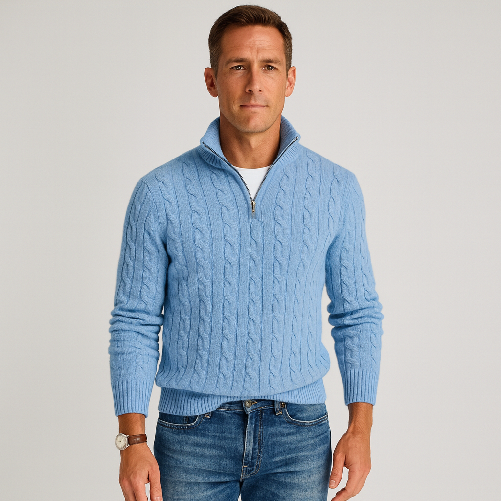Pull à torsades pour homme élégant avec demi-fermeture éclair et col montant