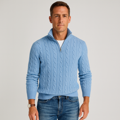 Pull à torsades pour homme élégant avec demi-fermeture éclair et col montant