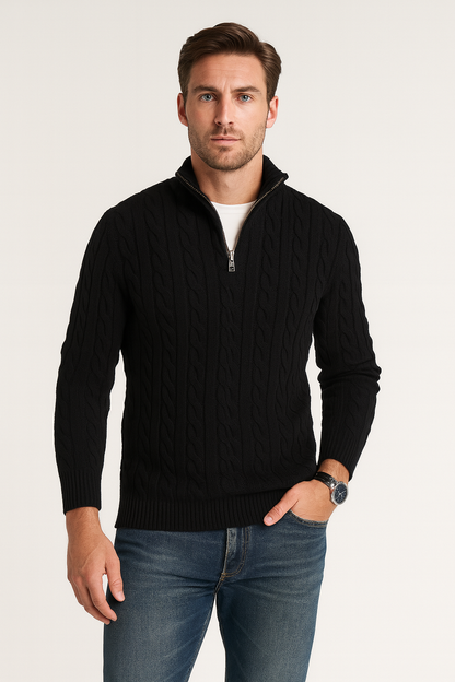 Pull à torsades pour homme élégant avec demi-fermeture éclair et col montant