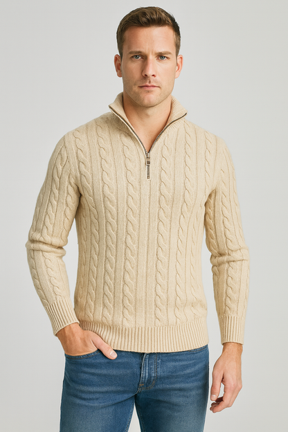 Pull à torsades pour homme élégant avec demi-fermeture éclair et col montant