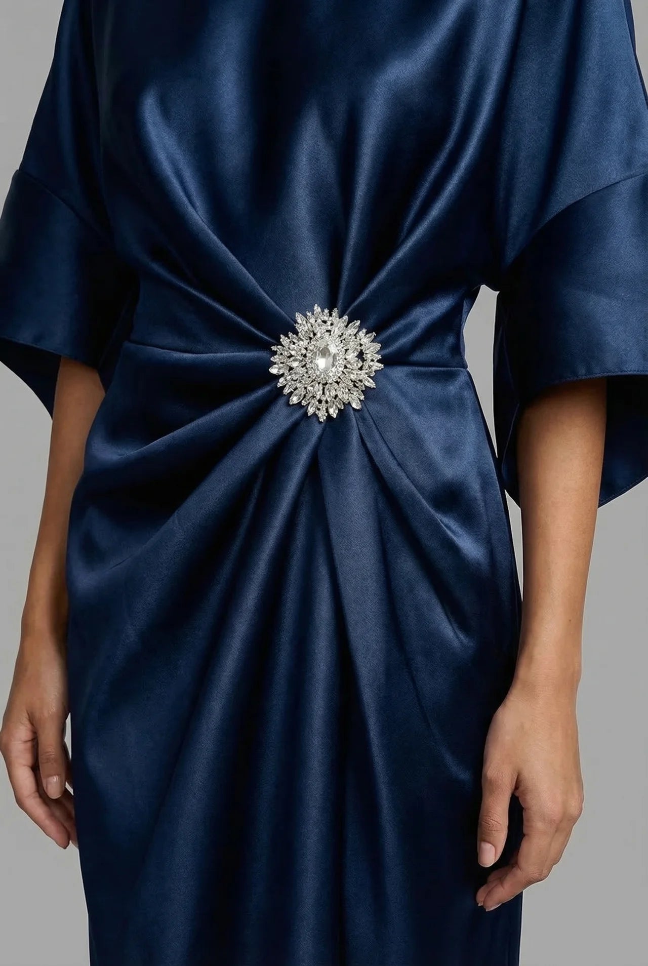 Satin midi dress with batwing sleeves for wedding guests