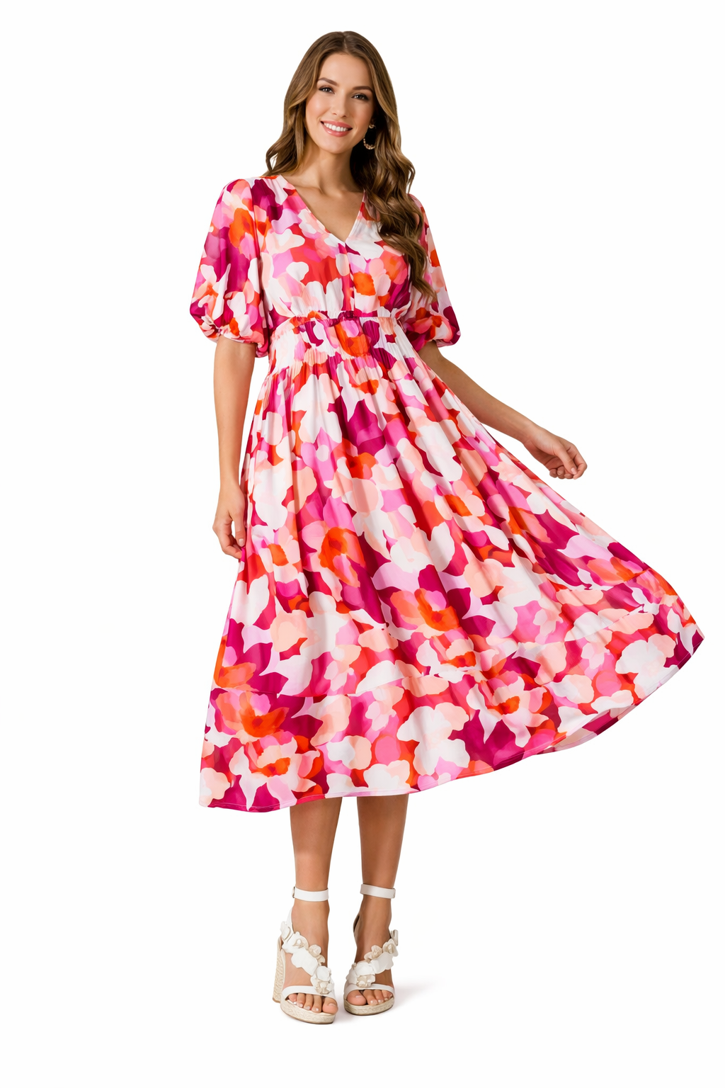 Long-sleeve maxi dress with floral pattern and V-neckline for spring weddings