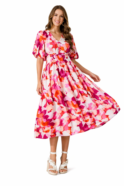 Long-sleeve maxi dress with floral pattern and V-neckline for spring weddings