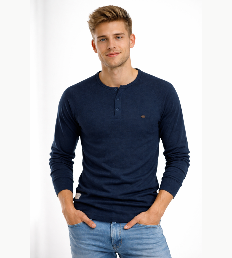 T-shirt Henley homme manches longues boutons décontracté streetwear basique