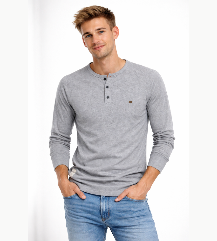 T-shirt Henley homme manches longues boutons décontracté streetwear basique