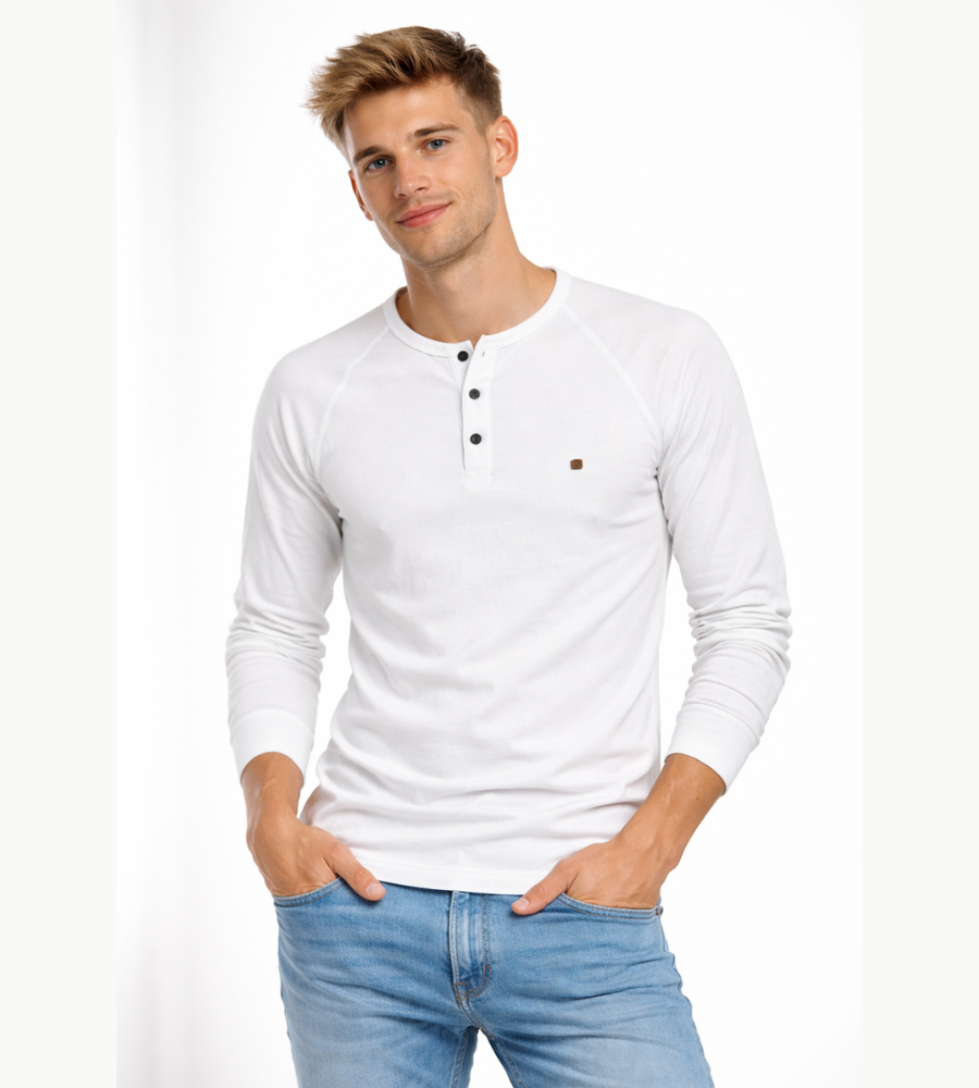 T-shirt Henley homme manches longues boutons décontracté streetwear basique