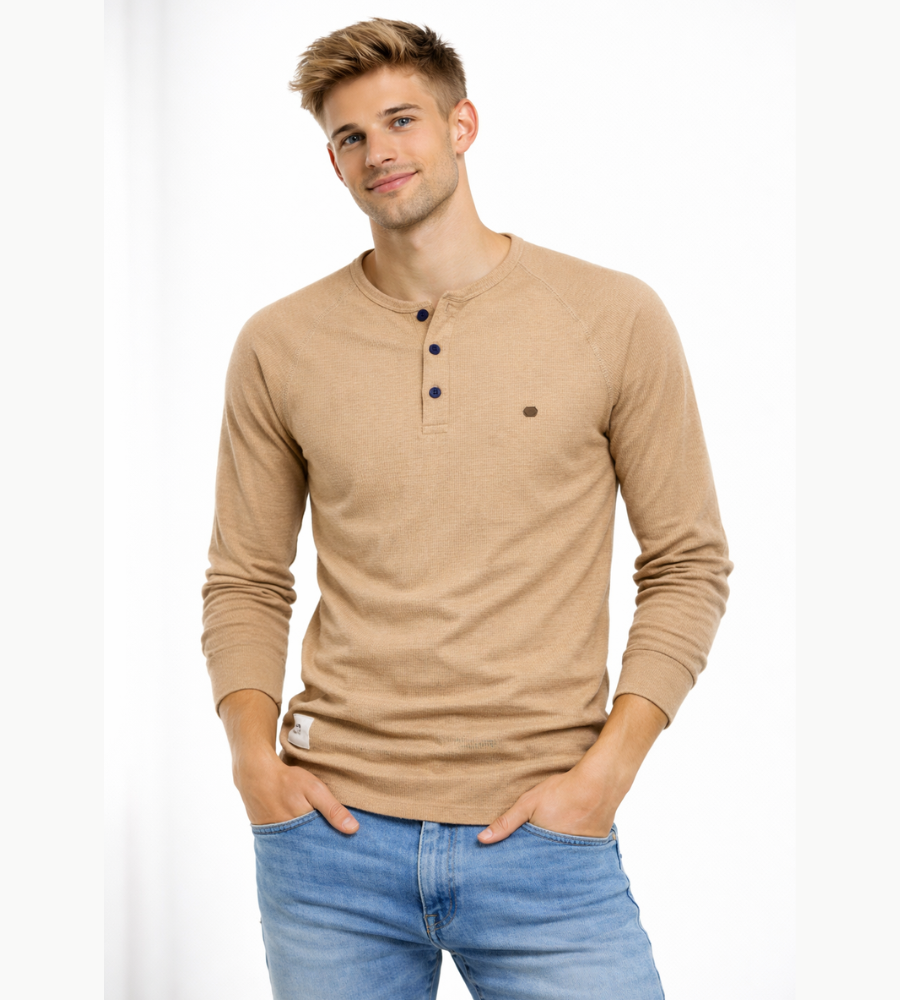 T-shirt Henley homme manches longues boutons décontracté streetwear basique
