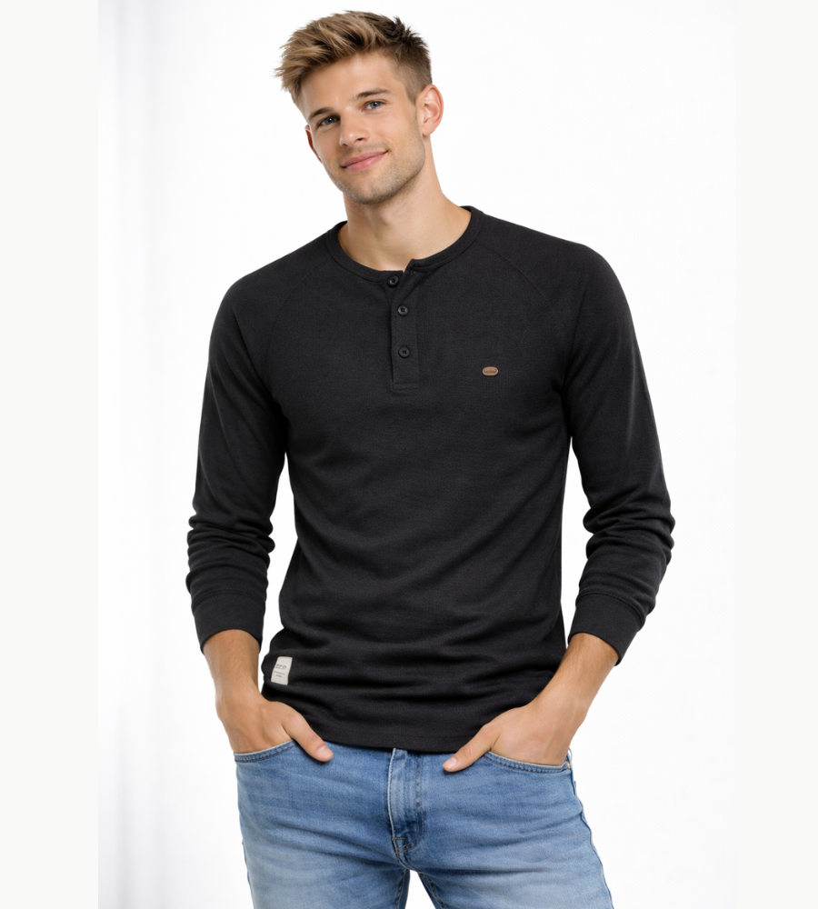 T-shirt Henley homme manches longues boutons décontracté streetwear basique