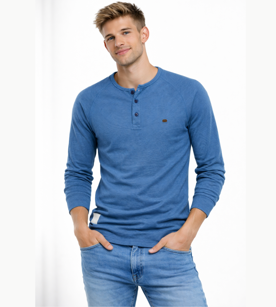T-shirt Henley homme manches longues boutons décontracté streetwear basique