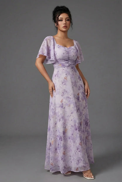 Floral Maxi Dress for Wedding Guests with Flutter Sleeves
