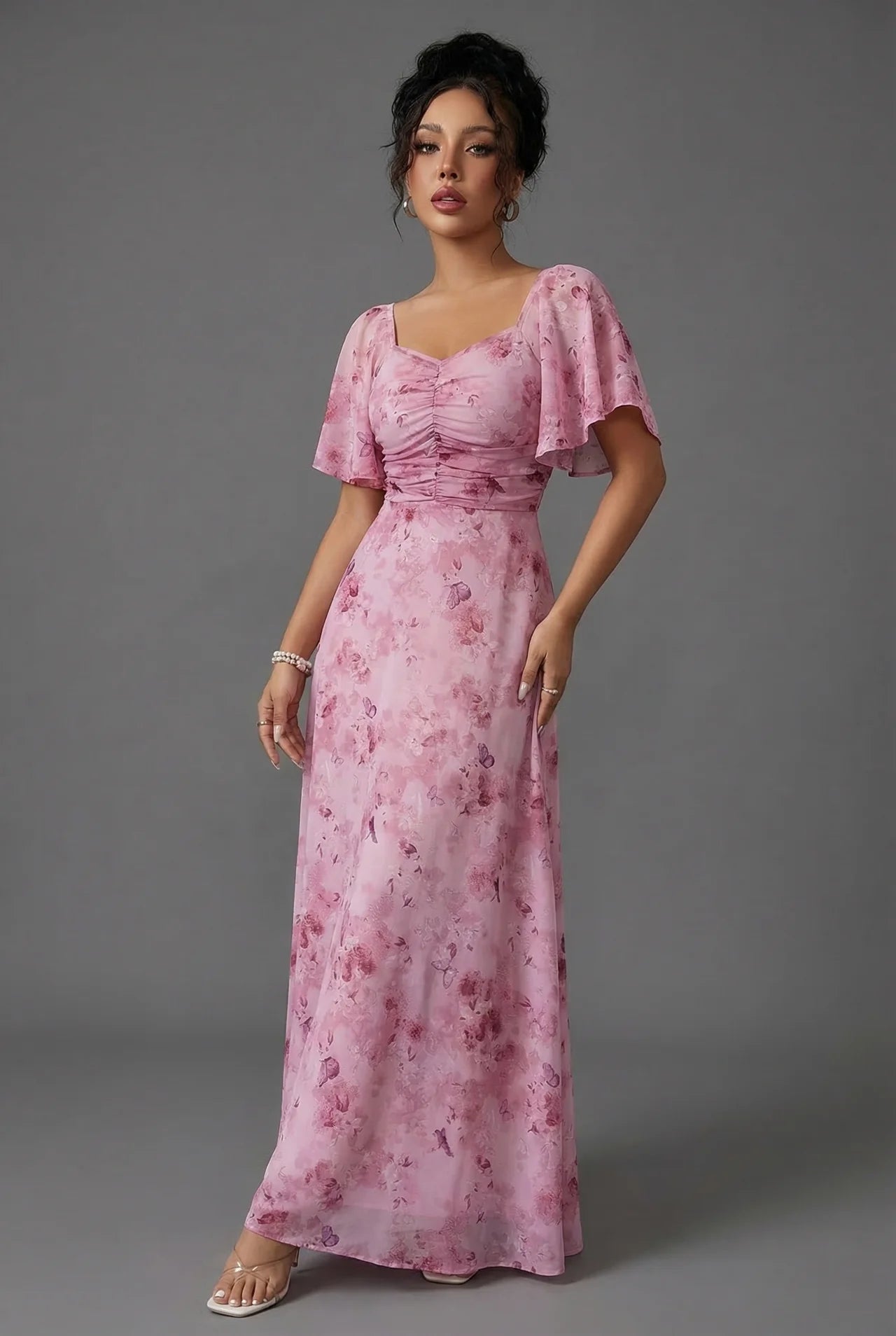Floral Maxi Dress for Wedding Guests with Flutter Sleeves