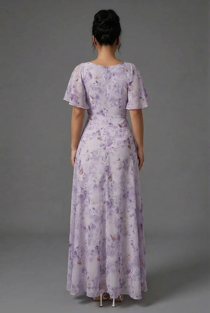Floral Maxi Dress for Wedding Guests with Flutter Sleeves