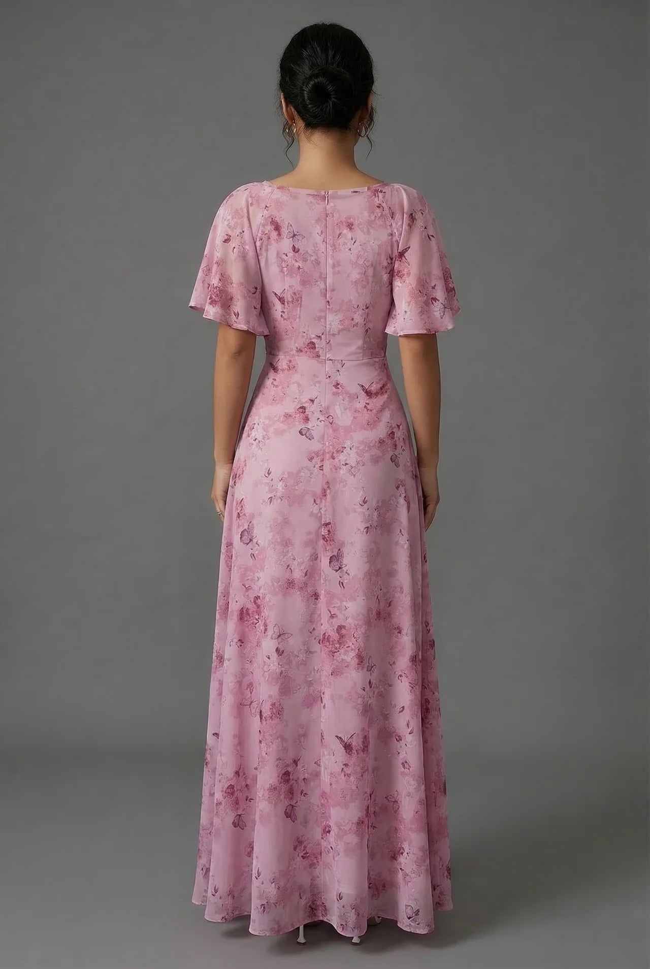 Floral Maxi Dress for Wedding Guests with Flutter Sleeves