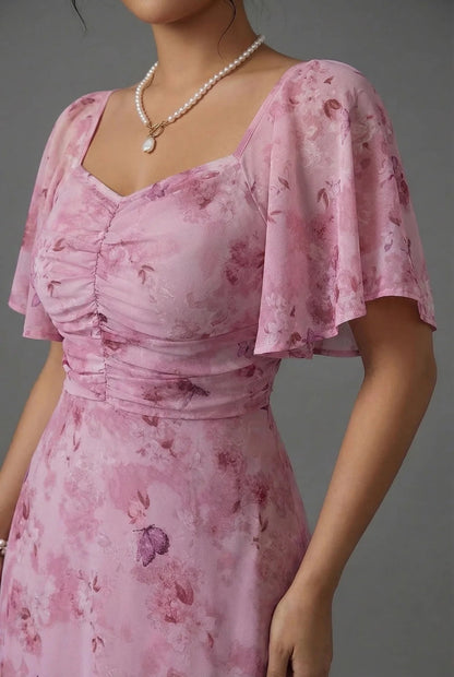 Floral Maxi Dress for Wedding Guests with Flutter Sleeves