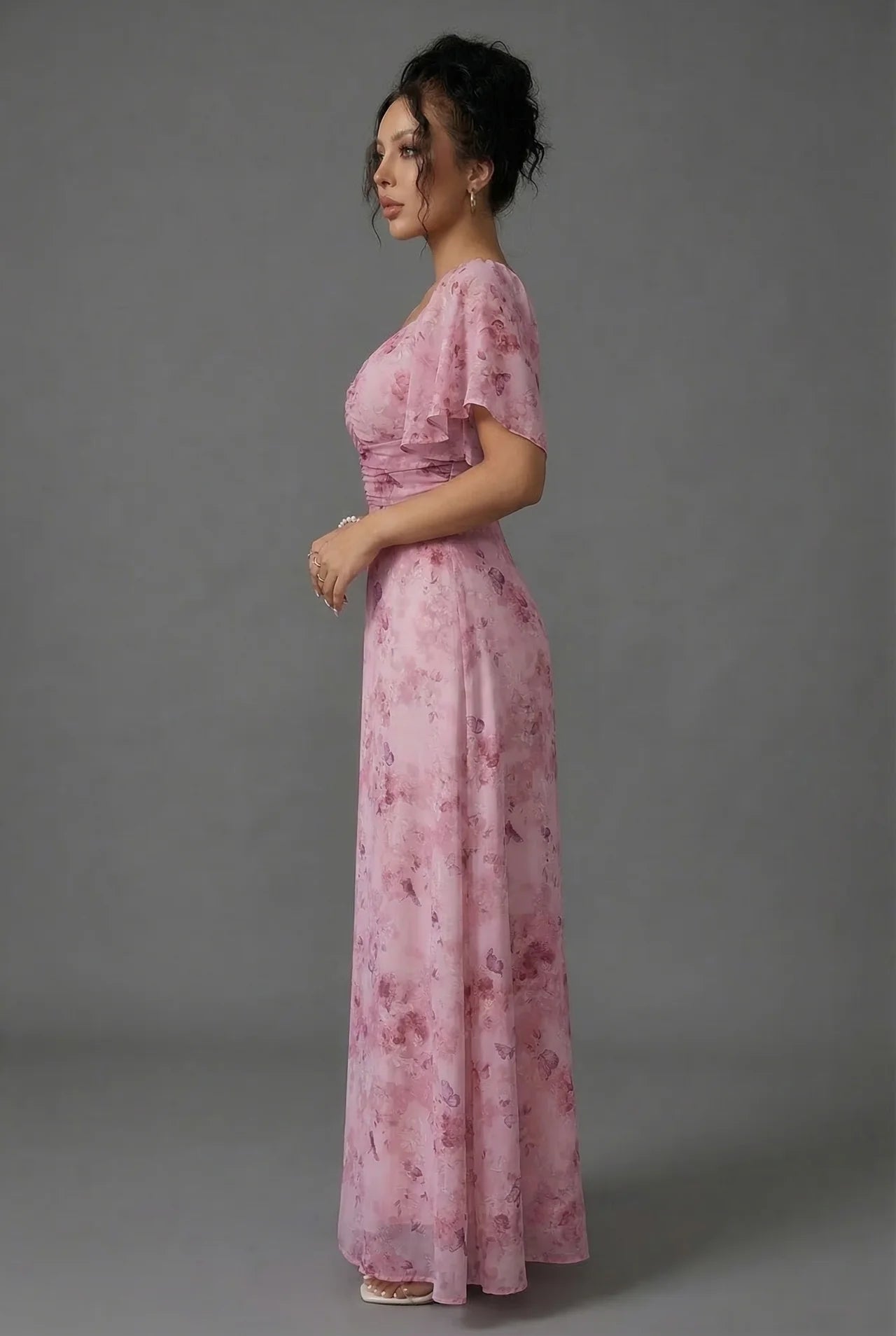 Floral Maxi Dress for Wedding Guests with Flutter Sleeves