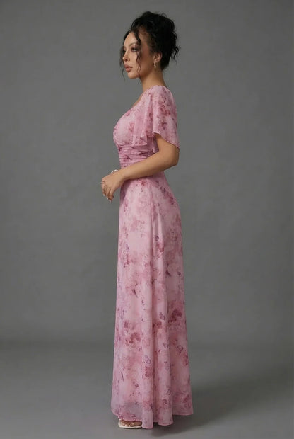 Floral Maxi Dress for Wedding Guests with Flutter Sleeves