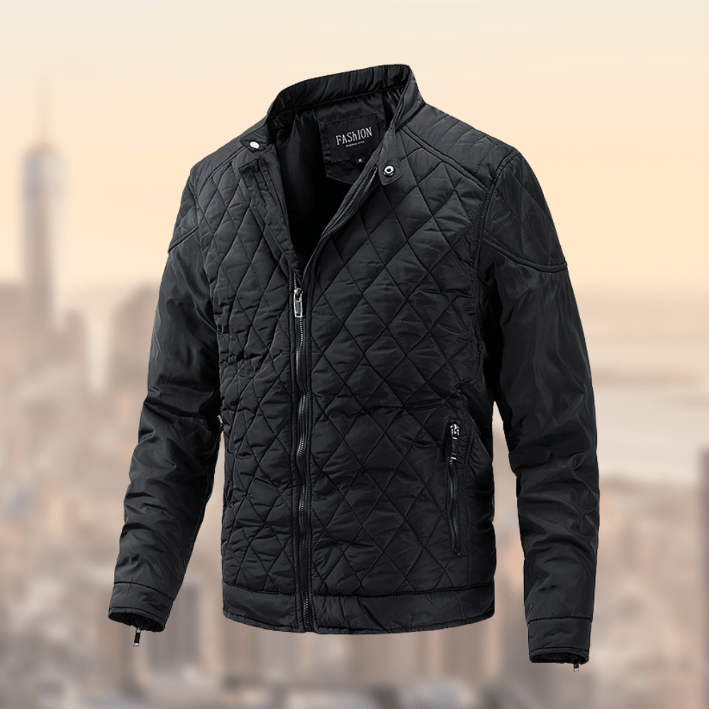 Men's Quilted Jacket - Diamond Pattern - High Collar - Zippered Cuffs - Slim Fit