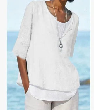 Blouse blanche élégante pour femmes avec col rond en lin - Tamera