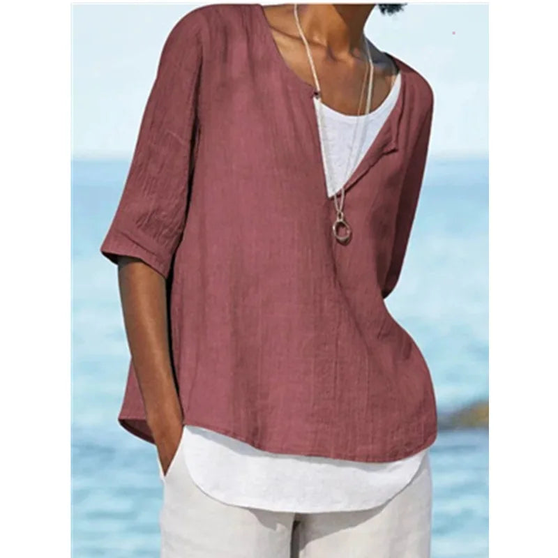 Blouse blanche élégante pour femmes avec col rond en lin - Tamera