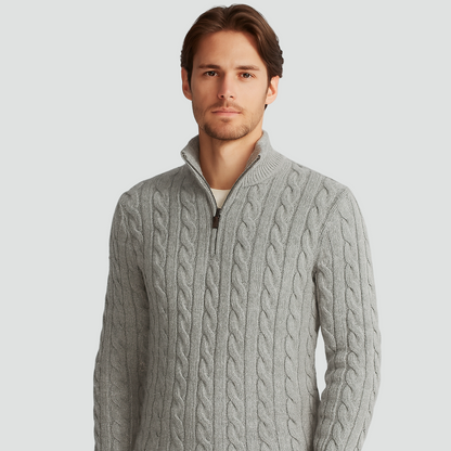 Pull à torsades pour homme élégant avec demi-fermeture éclair et col montant