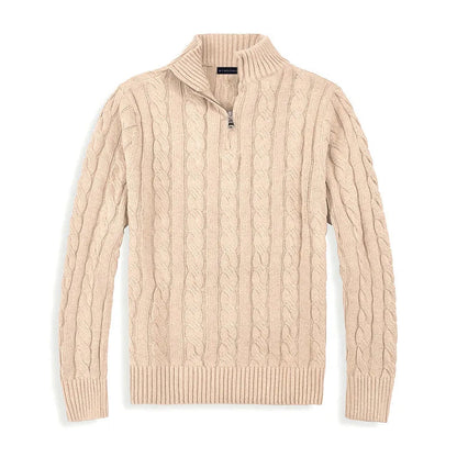 Pull à torsades pour homme élégant avec demi-fermeture éclair et col montant