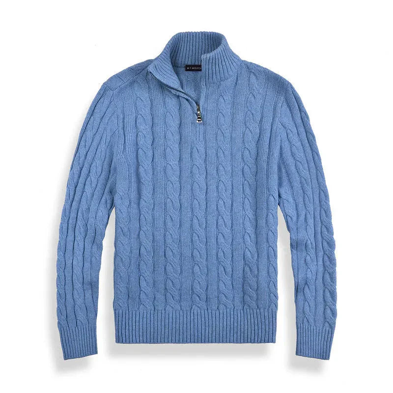Pull à torsades pour homme élégant avec demi-fermeture éclair et col montant