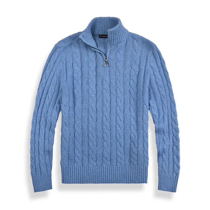Pull à torsades pour homme élégant avec demi-fermeture éclair et col montant
