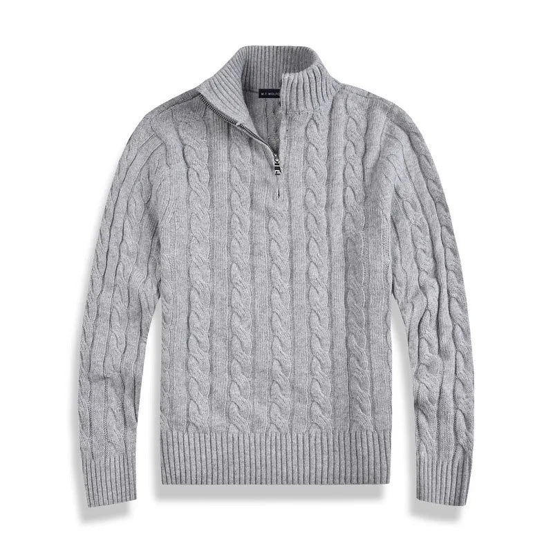 Pull à torsades pour homme élégant avec demi-fermeture éclair et col montant