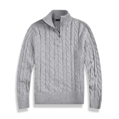Pull à torsades pour homme élégant avec demi-fermeture éclair et col montant