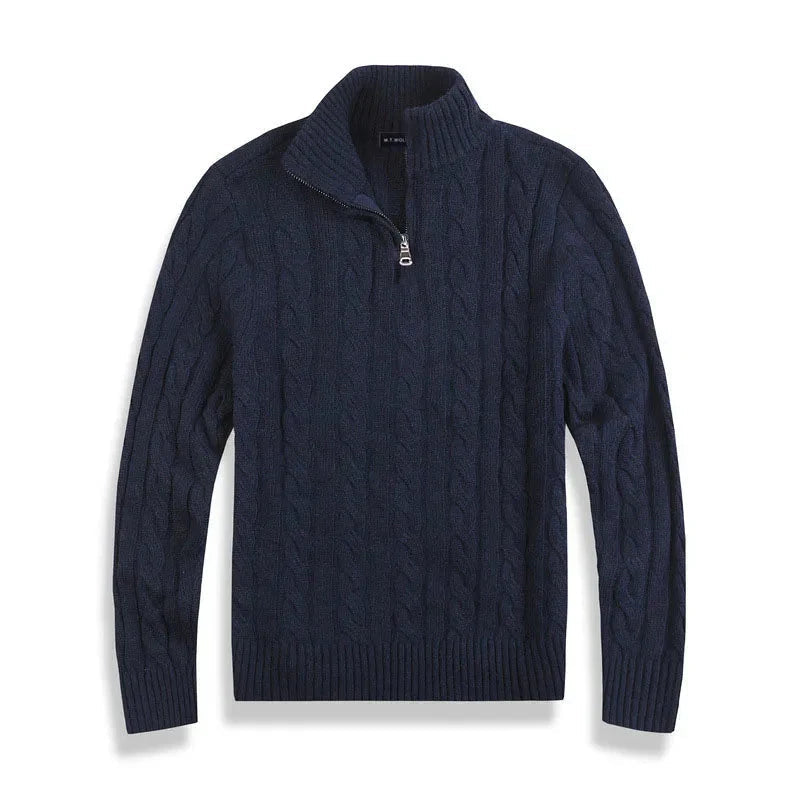 Pull à torsades pour homme élégant avec demi-fermeture éclair et col montant
