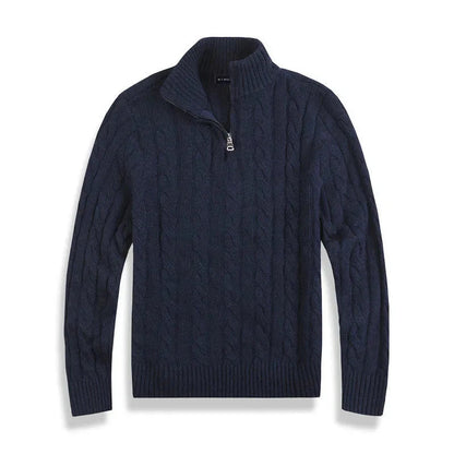 Pull à torsades pour homme élégant avec demi-fermeture éclair et col montant