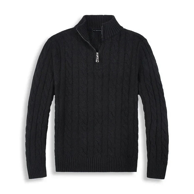 Pull à torsades pour homme élégant avec demi-fermeture éclair et col montant