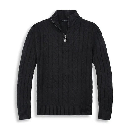 Pull à torsades pour homme élégant avec demi-fermeture éclair et col montant