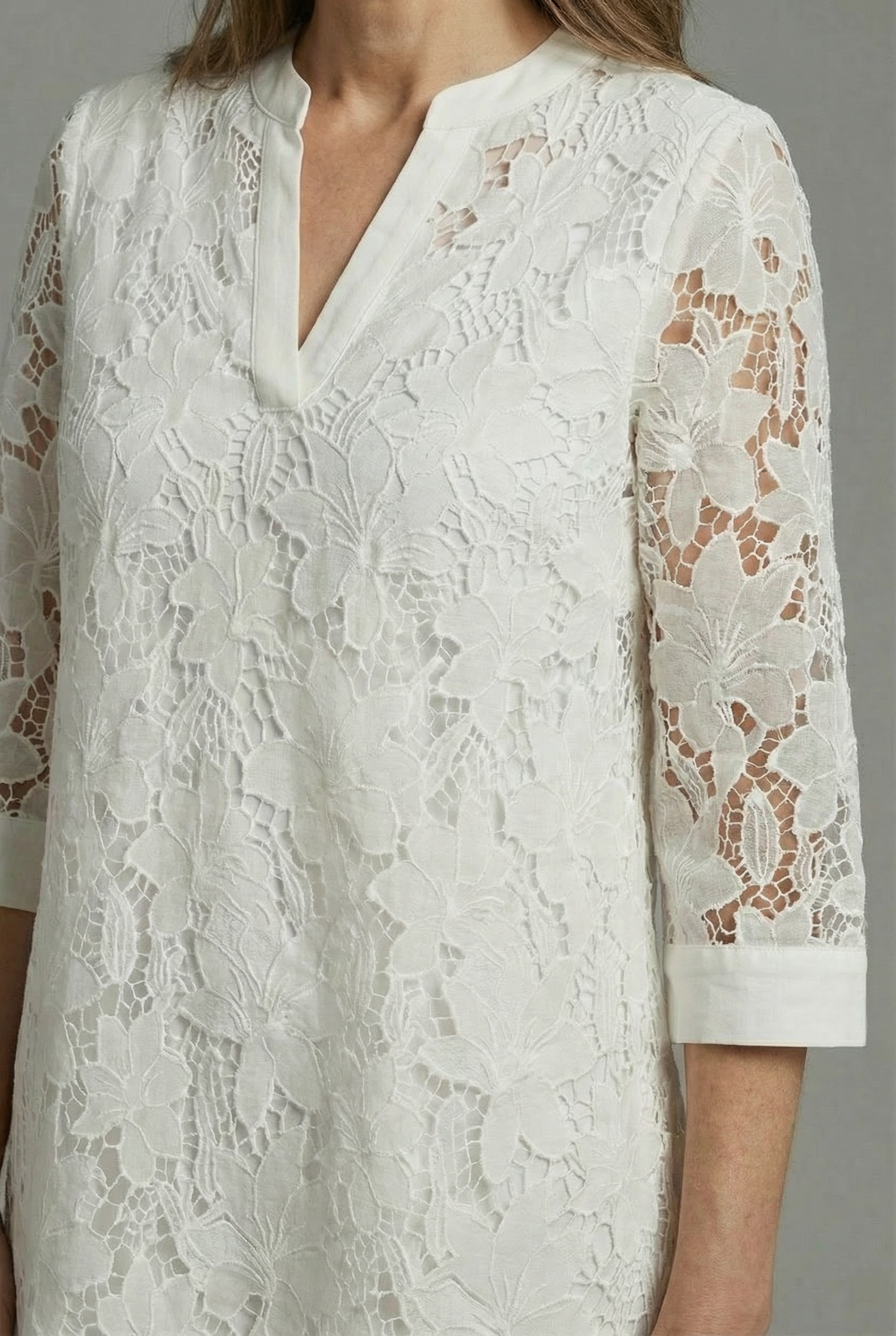 Embroidered Midi Dress for Women – Elegant Lace Details & Relaxed Fit