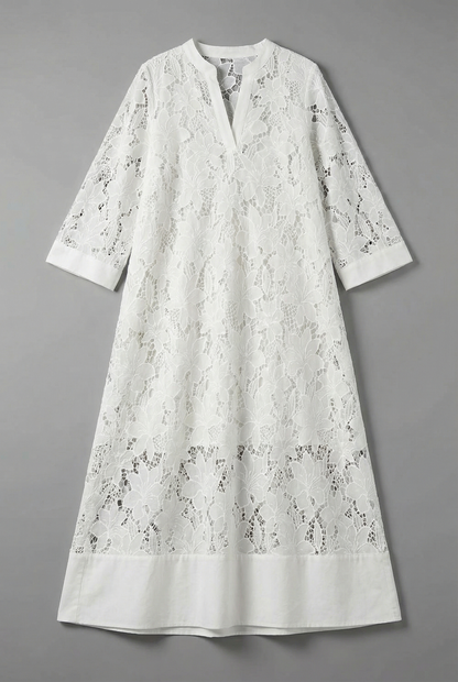 Embroidered Midi Dress for Women – Elegant Lace Details & Relaxed Fit