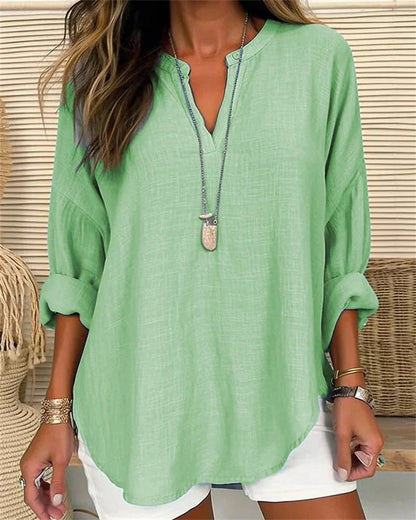 Women's Long-Sleeve Blouse Cotton-Linen Stand Collar Loose Fit