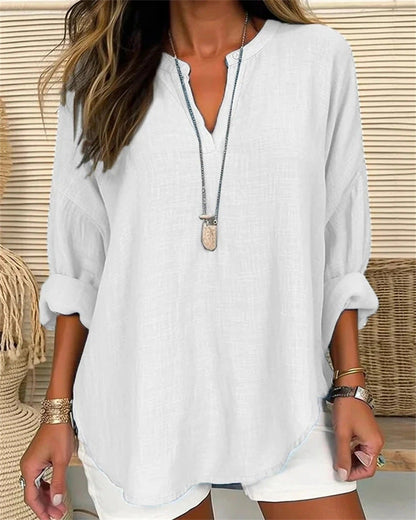 Women's Long-Sleeve Blouse Cotton-Linen Stand Collar Loose Fit