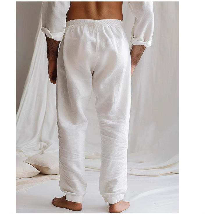 Pantalon en lin pour hommes coupe ample, respirant avec cordon de serrage