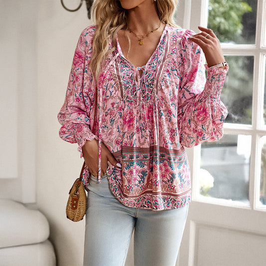 Boho Long-Sleeve Blouse for Women with Tie Collar Made of Lightweight Material