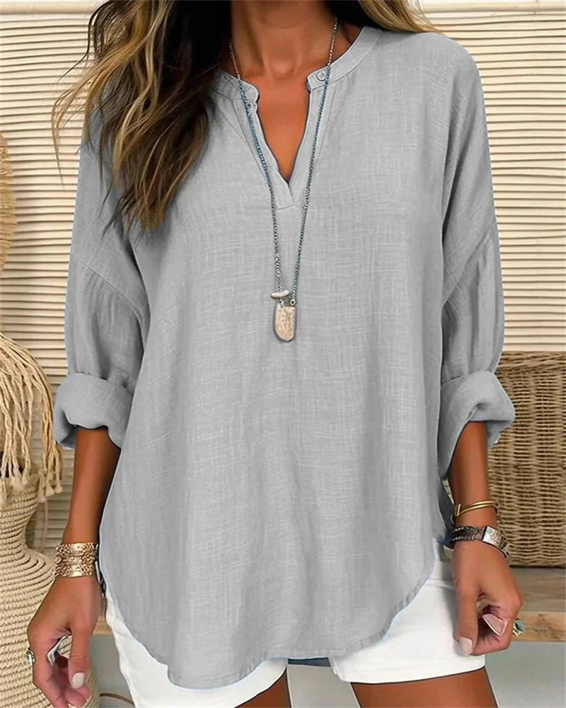 Women's Long-Sleeve Blouse Cotton-Linen Stand Collar Loose Fit