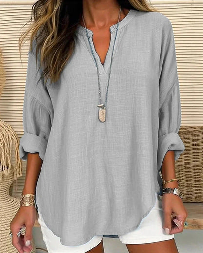 Women's Long-Sleeve Blouse Cotton-Linen Stand Collar Loose Fit