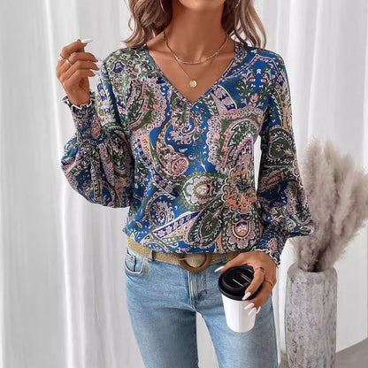 Printed Women's Blouse with V-Neck - Stylish & Comfortable Shirt with Lantern Sleeves